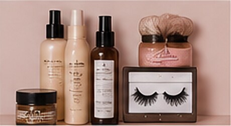Hair care bottles, jars and a set of lashes