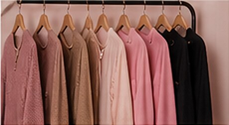 Rack of boutique clothing in rose, tan and black