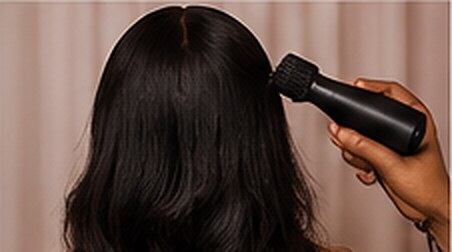 A wig being blow-dried and revived