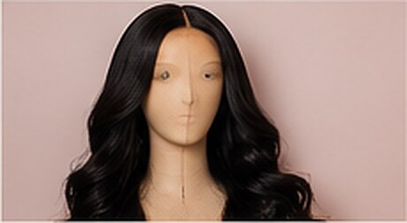 Long wavy black wig on a display mannequin