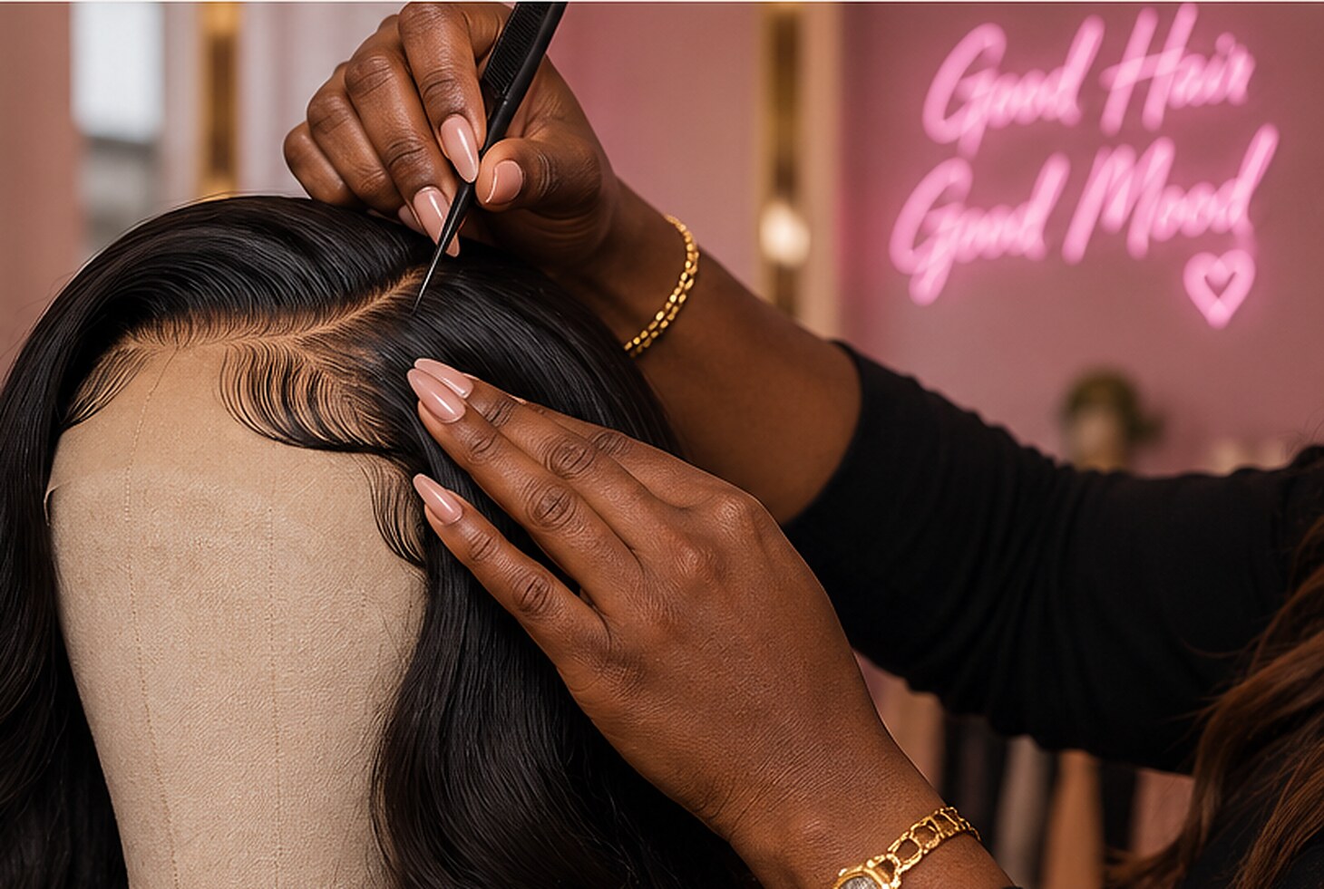 A stylist with long nails parting and laying a lace-front wig on a mannequin inside the salon, beneath a pink “Good Hair Good Mood” neon sign